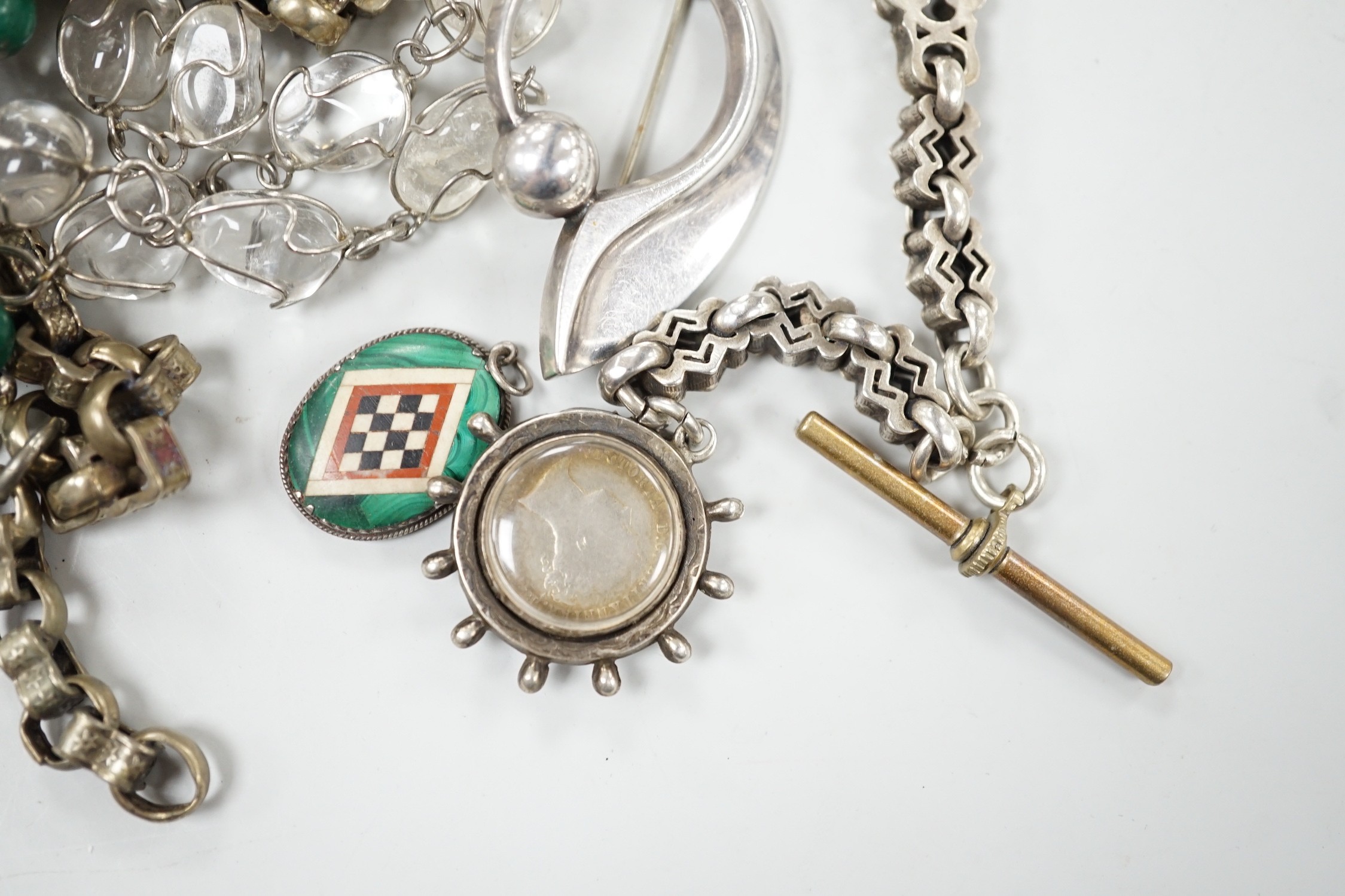 Sundry jewellery including two Victorian albertina's including white metal, a malachite necklace, rock crystal necklace, Danish 925 brooch, etc.